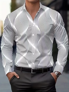 Detailed view of men's slim fit shirt featuring bold black and white wave geometric patterns