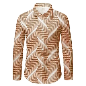 Men's slim fit long sleeve shirt with 3D wave print and button-down collar