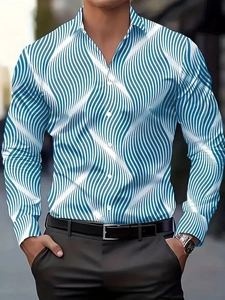 Detail of blue and white wavy striped men's long sleeve shirt with classic button-up collar