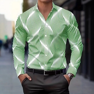 Detail of green wave pattern on a men's slim fit shirt with white buttons and collar