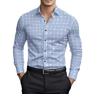 Slim fit long sleeve shirt with light blue grid print and dark buttons for men