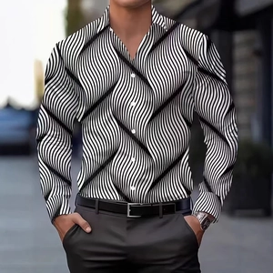 Men Casual Long Sleeve Shirt 3D Digital Wave Stripe Print Slim Fit Lapel Button Down Fashion Geometric Top For Men