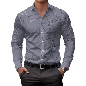 Camisa de hombre de corte entallado con estampado geométrico 3D negro sobre gris oscuro