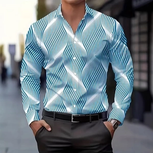 Men's slim fit long sleeve shirt with modern blue and white wave print pattern