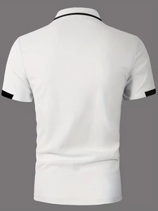 Rear view of white men's polo shirt with black striped collar and sleeve cuff details