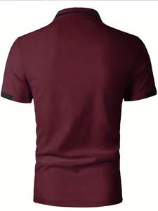 Rear view of burgundy men's polo shirt featuring black stripes on collar and sleeve cuffs