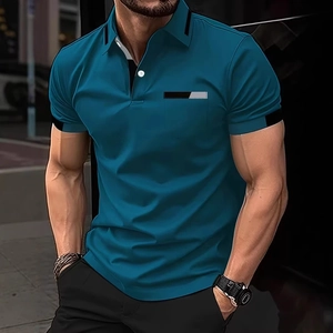 Men's slim fit short sleeve polo shirt in deep teal with striped collar and pocket detail