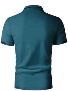 Back view of peacock blue men's cotton pique polo shirt with black contrast trim