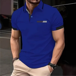 Detail of royal blue short sleeve polo shirt with black trim collar and grey chest pocket