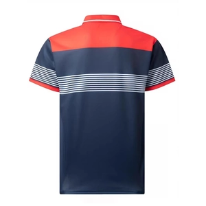 Short sleeve polo shirt for men in navy and red with white stripes, back view