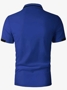 Rear view of a royal blue men's slim fit polo shirt with black trim on collar and sleeves