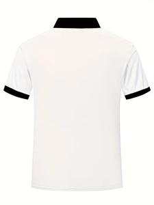 Rear view of white men's short sleeve polo shirt with black contrast collar and sleeve trim