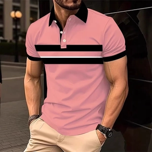 Men's pink short sleeve polo shirt with black and white stripes for casual urban wear
