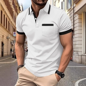 Men's white short sleeve Polo shirt with black contrast piping and chest pocket