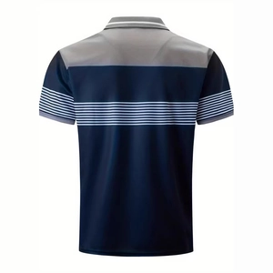 Men's summer short sleeve polo shirt with gray and navy blue striped sports design