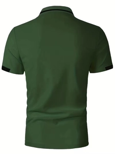 Close-up of dark green polo shirt back showing breathable pique texture and black striped trim