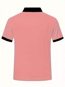 Back view of a pink men's polo shirt featuring a black collar and contrasting cuffs