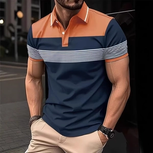 Close-up of three-color striped Polo shirt with orange collar and navy blue body details