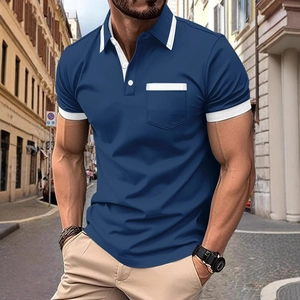 Slim fit navy blue men's polo shirt with white contrast trim on urban street background