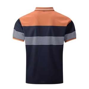 Rear view of men's polo shirt with orange and navy color blocking and white stripes