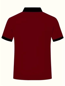 Back view of burgundy polo shirt with black ribbed collar and sleeve cuffs detailing