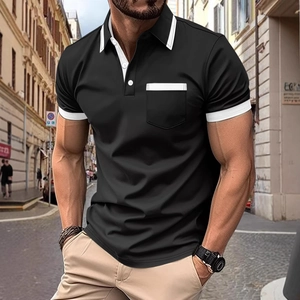 Men's casual black short-sleeve polo shirt with white contrast trim on a street background