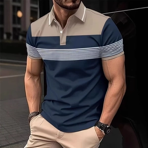 Men's polo shirt featuring navy body with khaki collar and white striped chest details