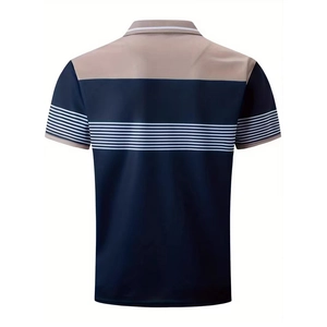 Rear view of men's slim fit polo shirt with khaki and navy blue color-block stripe design