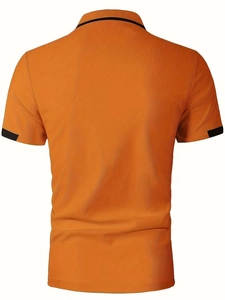Rear view of orange men's polo shirt with black contrast stripes on collar and cuffs