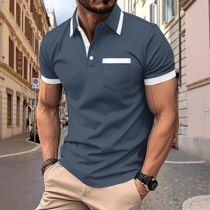 Men's slim fit polo shirt in grey blue with white contrast trim and chest pocket