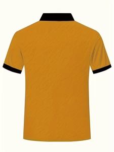 Back view of ginger polo shirt with black contrast collar and ribbed sleeve cuffs