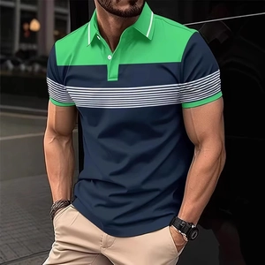 Detail of green and blue color block polo shirt with white stripes on street background