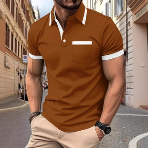 Detailed view of brown men's polo shirt with white contrast stitching and chest pocket