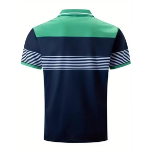 Rear view of striped men's polo shirt in green and dark blue breathable sport fabric