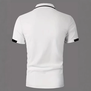 Men's white short-sleeved polo shirt with black trim on collar and cuffs, back view display