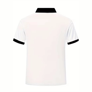 Men's white short sleeve polo shirt with black contrast collar and cuffs on white background