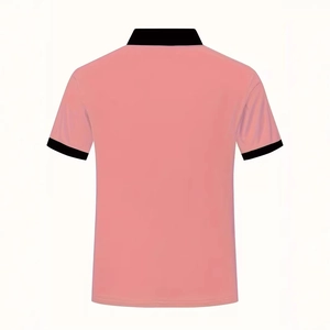 Back view of pink short-sleeve men's polo shirt with black contrast trim on collar and sleeves