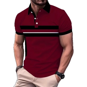 Men's slim fit wine red polo shirt with black collar and striped chest pattern