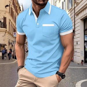 Close-up of sky blue polo shirt featuring white contrast trim on collar and pocket