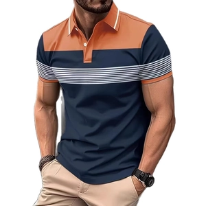 Men's slim fit polo shirt with orange and navy color blocking and white striped details