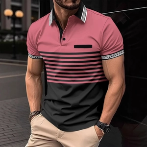 Men's pink and black gradient short sleeve Polo shirt with Greek Key pattern collar