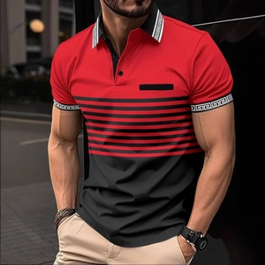 Men's slim-fit short-sleeve polo shirt with red-black color block and Greek pattern trim