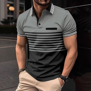 Men's polo shirt with grey gradient stripes and Greek Key pattern on collar and cuffs