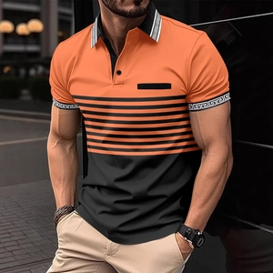 Detail of Greek fret pattern on black collar and cuff of orange striped men's polo shirt