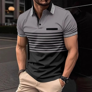 Detailed view of the Greek fret pattern on the collar and sleeve of this men's polo shirt