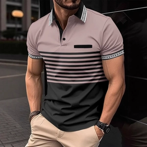 Detail of Polo shirt showing Greek Key pattern on collar and contrast color block design