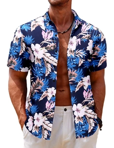 Close-up of tropical floral print on a navy blue short-sleeved Hawaiian shirt for men