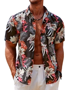 Detailed view of men's tropical floral beach shirt with pink hibiscus on black