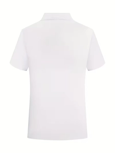 Rear view of a white short-sleeved polo shirt showing breathable cotton fabric texture