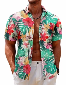 Detailed view of the tropical floral print on a men's short-sleeve resort vacation shirt